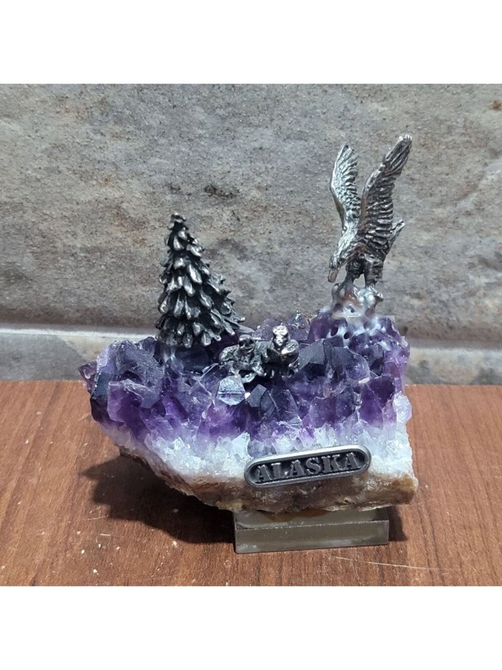 Vintage Pewter Eagle Pewter Plaque Alaska Mounted on Amethyst Geode Cluster
